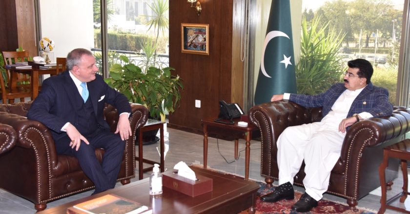 Italian ambassador to Pakistan H.E  Andreas Ferrarese called on chairman senate Muhammad Sadiq Sanrjani at Parliament house in Islamabad