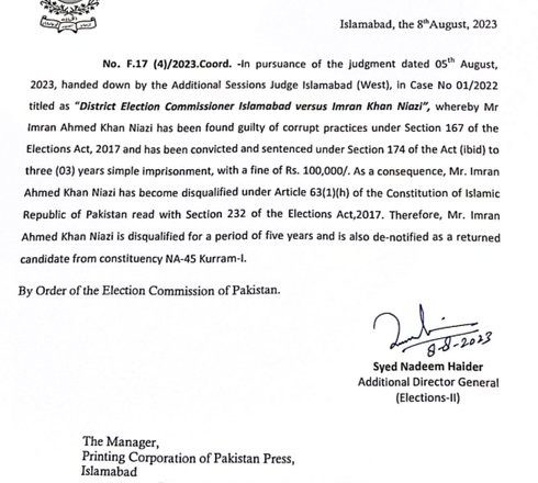 The Election Commission disqualified Chairman PTI Imran Khan for 5 years