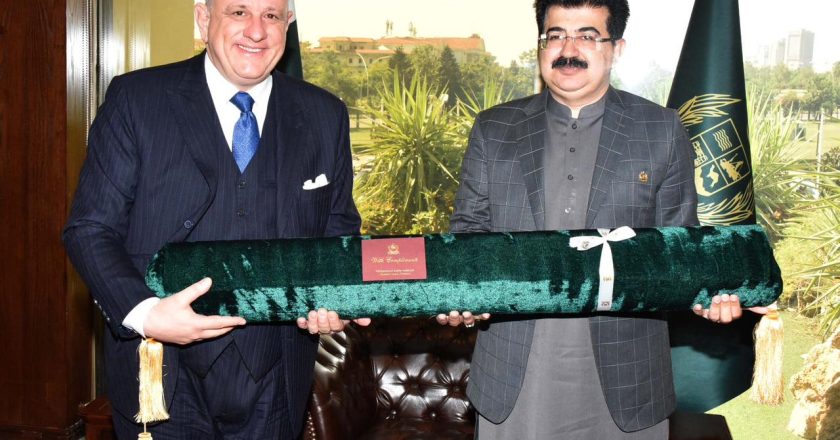 Italian Ambassador to Pakistan Andreas Ferraris meeting Chairman Senate Muhammad Sadiq Sanjrani
