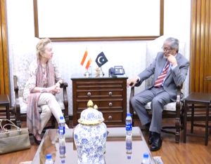 Austrian Ambassador Mrs. Andrea Vicki meeting with Caretaker Chief Minister Sindh Justice (R) Maqbool Baqir