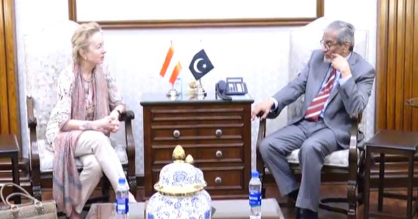 Austrian Ambassador Mrs. Andrea Vicki meeting with Caretaker Chief Minister Sindh Justice (R) Maqbool Baqir