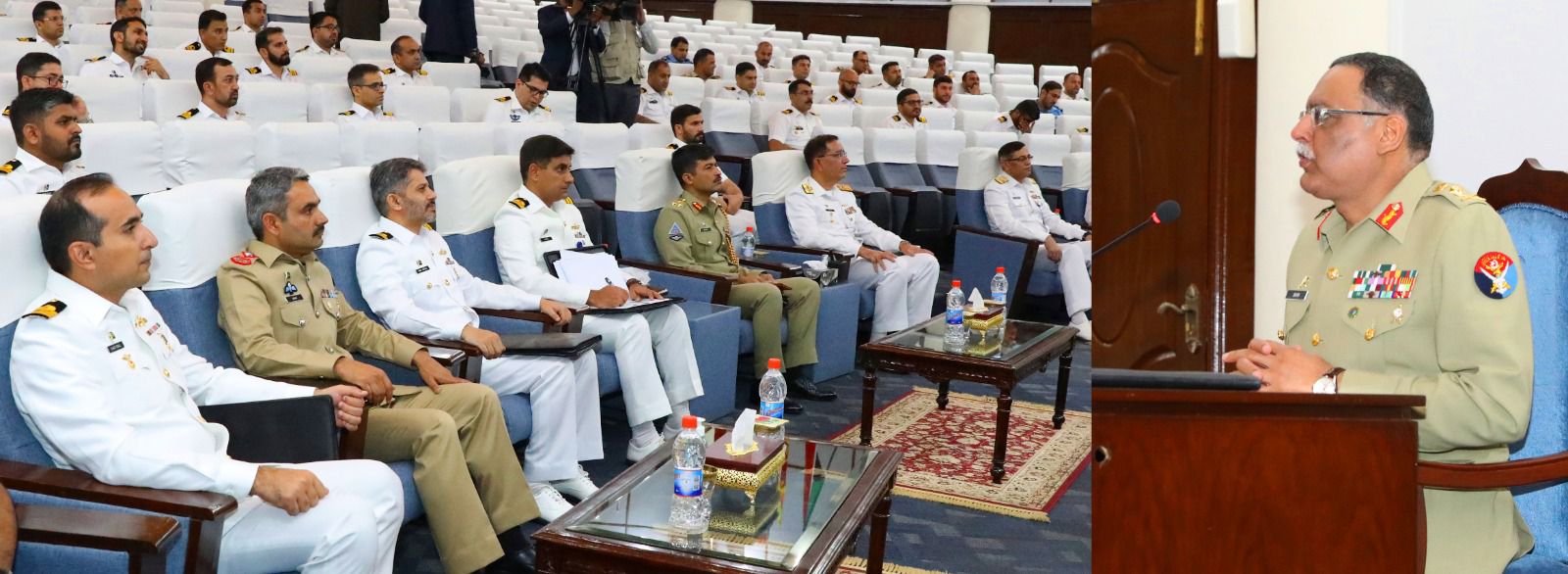 *ISPR*
*Rawalpindi, 16 May, 2024*: Chairman Joint Chiefs of Staff Committee General Sahir Shamshad Mirza, addressed the participants of 53rd PN Staff Course at Pakistan Navy War College, Lahore. Chairman JCSC highlighted the efforts of the Pakistan Armed Forces in amicably confronting multifaceted traditional and non-traditional security challenges. 
	Chairman JCSC appreciated the role of Pakistan Navy as a combat ready force; that has always lived up to the expectations of nation to safeguard maritime interests of Pakistan. He underscored that Pakistan Navy has a proud history of valour and sacrifices for the motherland. 
	Earlier upon arrival, Chairman JCSC was received by Rear Admiral Azhar Mahmood, Commandant Pakistan Navy War College.  CJCSC also laid wreath at the Yadgar-e-Shuhada and offered Fateha.
The Pakistan Times news
