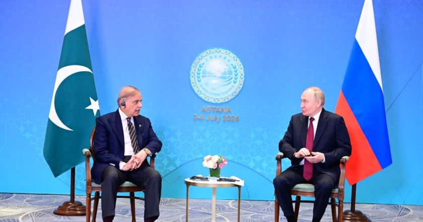 Prime Minister Shehbaz Sharif meeting with President Vladimir V. Putin of Russia on the sidelines of SCO Council of Head of States in Astana
