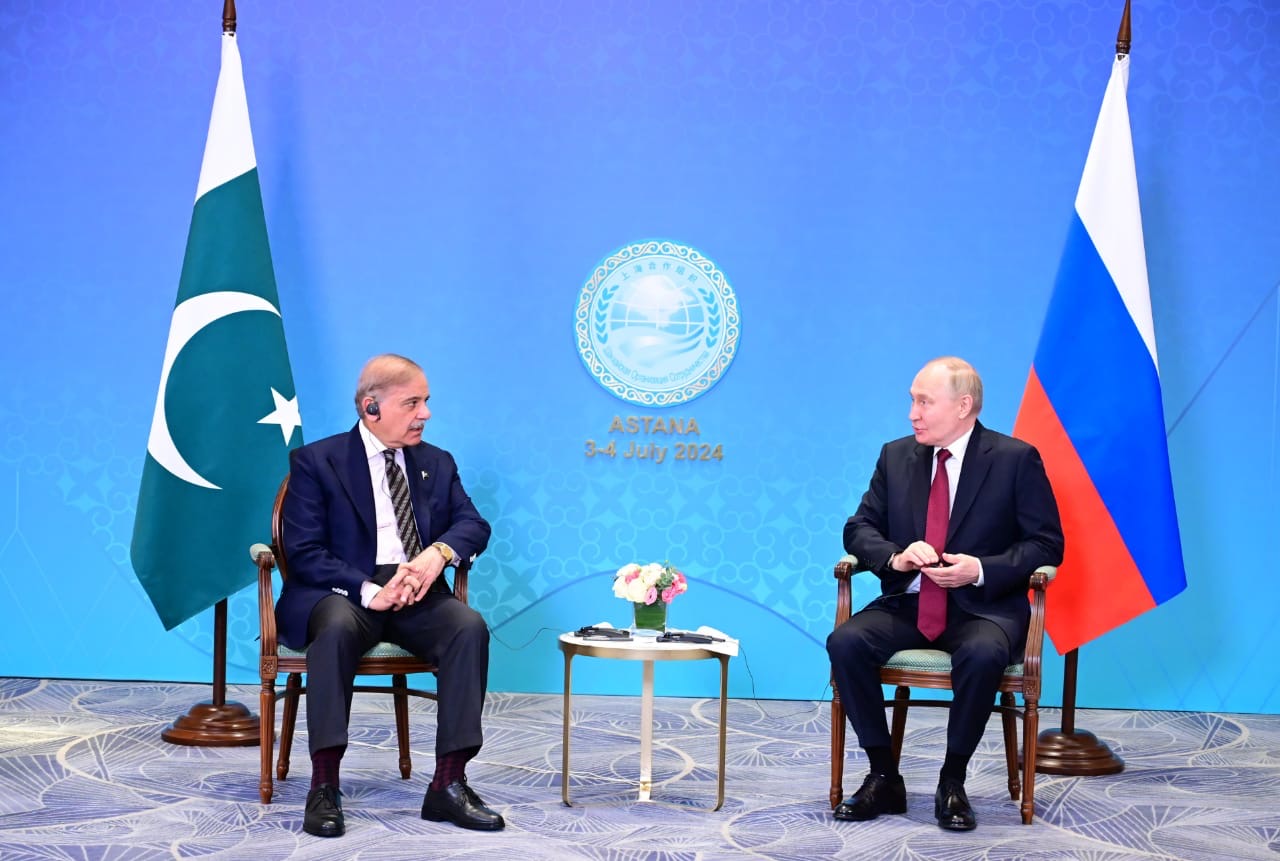 Prime Minister Shehbaz Sharif meeting with President Vladimir V. Putin of Russia on the sidelines of SCO Council of Head of States in Astana