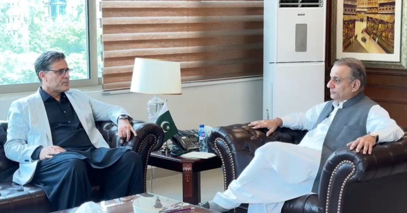 Pakistani Ambassador to China Khalil Hashmi meeting with Federal Minister for Privatization and Investment Board Abdul Aleem Khan