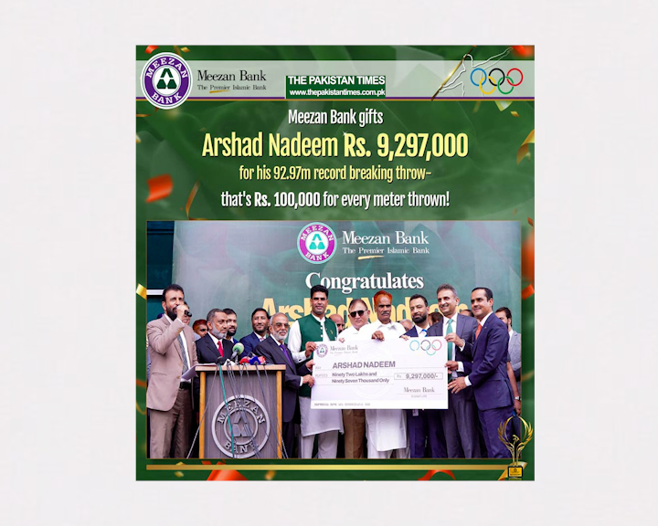 We are satisfied to illuminate that Pakistan's star competitor and Olympic gold medalist in men's spear toss, Arshad Nadeem was commended for his noteworthy accomplishment at an exceptional service held at Meezan House, the base camp of Meezan Bank. In the midst of a scenery of energetic commendation from many Meezan Bank workers, Arshad Nadeem got a check of Rs. 9,297,000 from the Bank's Establishing President and Chief, Mr. Irfan Siddiqui. He was likewise regarded with a memorial plaque and decoration from Syed Amir Ali, DCEO of Meezan Bank, praising his noteworthy accomplishment. the pakistan times Pakistan times 