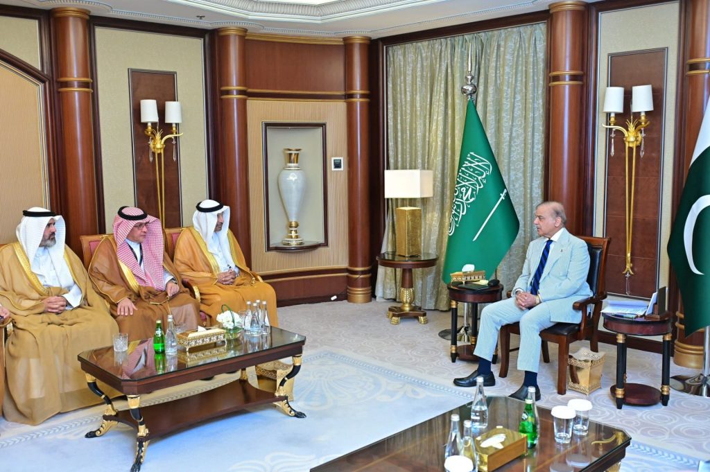 Prime Minister Muhammad Shehbaz Sharif meeting with the Saudi Investment Minister and Advisor at the Saudi Royal Court in Riyadh