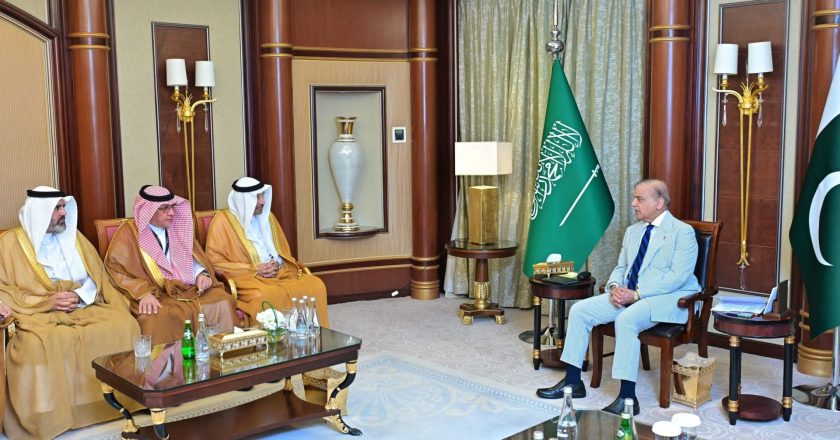 Prime Minister Muhammad Shehbaz Sharif meeting with the Saudi Investment Minister and Advisor at the Saudi Royal Court in Riyadh