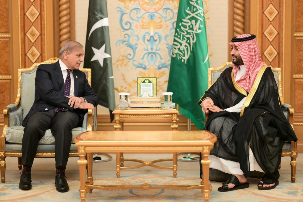 Prime Minister Muhammad Shehbaz Sharif meet with the Crown Prince and Prime Minister of the Kingdom of Saudi Arabia His Royal Highness Prince Mohammed bin Salman Al-Saud