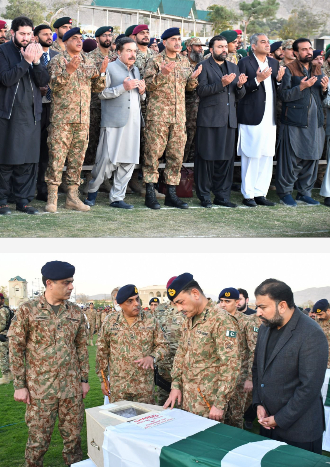 *ISPR*
*Rawalpindi, November 9, 2024*:
Namaz-e-Janaza for the Shuhada, who embraced martyrdom in a suicide blast targeting innocent citizens and passengers at Quetta Railway Station, was offered in Quetta Garrison today. 

The funeral was attended by General Syed Asim Munir, NI (M), Chief of Army Staff (COAS), Federal Minister of Interior, Governor and Chief Minister Balochistan, Provincial Ministers and a large number of military and civilian officials.

Following the funeral, COAS visited CMH Quetta and met with the injured of the tragic incident.

COAS highlighted that terrorism will never be tolerated and reaffirmed nation’s resolve and commitment towards eradicating the menace. COAS emphasized that this mission will be pursued with full national resolve and collective determination. He underscored that the fight against terrorism requires the steadfast support of all Pakistanis, along with the efforts of the military and civil institutions, to secure a peaceful and prosperous future for the country.

Earlier on his arrival, COAS was received by Commander Balochistan Corps.
The Pakistan Times
Pakistan Times
