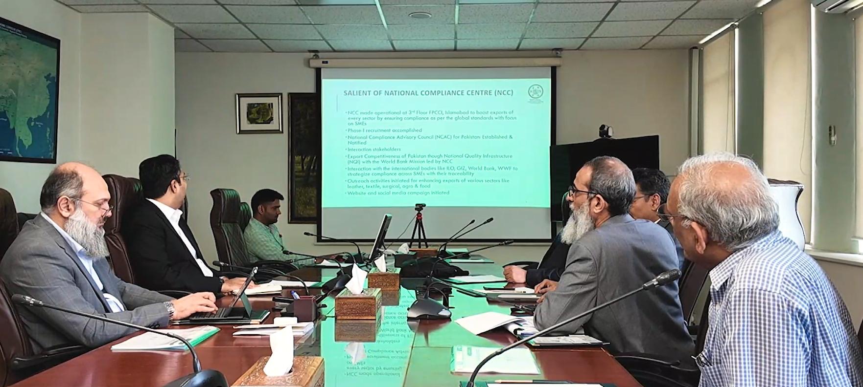 Ministry of Commerce, Government of Pakistan

Minister Jam Kamal Khan Reviews NCC Progress and World Bank Mission Visit.

Date: March 25, 2025

Islamabad, March 25, 2025 – Federal Minister for Commerce Jam Kamal Khan chaired a briefing session at the National Compliance Centre (NCC) to review the Centre’s progress and discuss recent developments with Dr. Nabeel Amin, Head of NCC and the NCC team.

The Minister appreciated NCC’s efforts to improve Pakistan’s compliance and quality systems and reviewed key achievements, including the recent visit by a World Bank mission focusing on the National Quality Infrastructure (NQI).

Dr. Nabeel Amin briefed the Minister on NCC’s initiatives and highlighted the importance of strengthening Pakistan’s compliance framework to enhance trade standards and global competitiveness. The Minister directed NCC to prepare a strategic roadmap with defined timelines, to be presented at the next National Compliance Advisory Council (NCAC) meeting in end of April.

The discussion focused on enhancing Pakistan’s export potential, aligning with international standards, and fostering collaboration with global partners.
The pakistan Times
