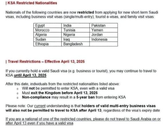 سعودی عرب نے 13 اپریل سے پاکستان سمیت 14 ممالک کے شہریوں کے داخلے پر پابندی لگا دی۔ ویزا رکھنے والوں پر بھی اطلاق ہو گا۔ The Pakistan Times Pakistan Times