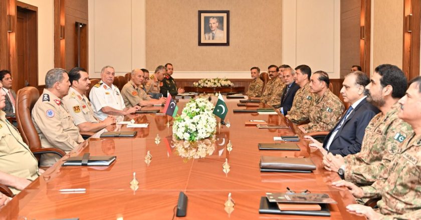 Lieutenant General Saddam Khalifa Haftar, Commander in Chief of Libyan Armed Forces called on Field Marshal Syed Asim Munir, NI (M), Chief of Army Staff at General Headquarters: ISPR