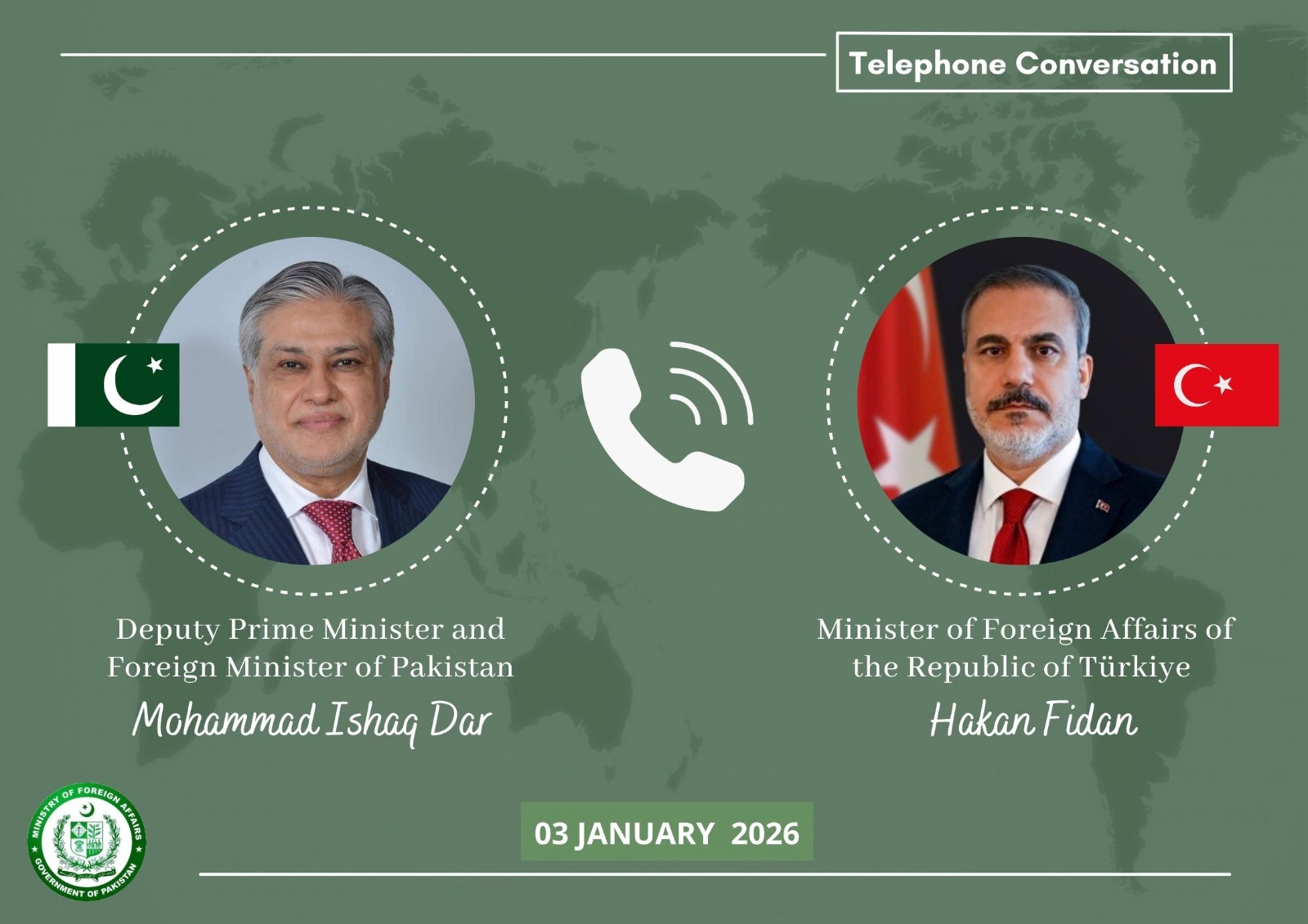 Here is a formal **press release** in the standard Ministry of Foreign Affairs format: **Ministry of Foreign Affairs** **(Office of the Spokesperson)** **Press Release** Deputy Prime Minister and Minister for Foreign Affairs, Senator Mohammad Ishaq Dar, held a telephonic conversation from Beijing with the Minister of Foreign Affairs of the Republic of Türkiye, Mr. Hakan Fidan. During the conversation, both leaders discussed the evolving regional situation and expressed appreciation for the sincere and constructive efforts being undertaken by all parties to address challenges through dialogue and diplomacy. The Deputy Prime Minister and Foreign Minister also conveyed Pakistan’s desire to further enhance bilateral cooperation with Türkiye across all areas of mutual interest, including trade, technology, tourism, and information technology. Both sides reaffirmed their commitment to strengthening the longstanding fraternal ties between Pakistan and Türkiye and agreed to remain in close coordination on regional and international developments. **Beijing** **January 3, 2026** If you want, I can also: * Align wording with **earlier Saudi/UAE press releases** for consistency * Shorten it for **social media** * Make it **more strategic or economic-focused The pakistan Times