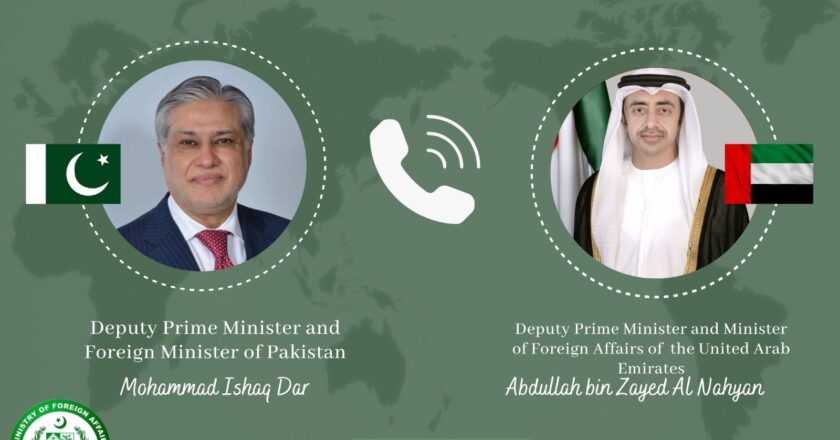 Senator Mohammad Ishaq Dar, held a telephonic conversation from Beijing with the Deputy Prime Minister and Minister of Foreign Affairs of the United Arab Emirates, His Highness Sheikh Abdullah bin Zayed Al Nahyan.